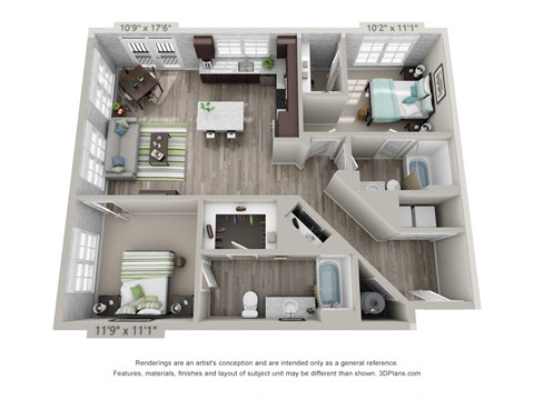 a 3d floor plan of a 2100 sq. ft. apartment